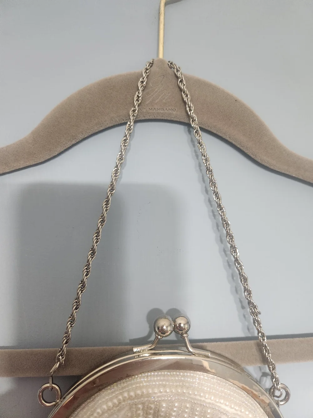 Vintage La Regale Purse White Beaded Evening Clutch, Chain Strap, Kiss Lock
